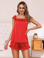Satin Pajama Set for Women 2 Piece Silk Pjs Ruffle Sleeve Top and Shorts Cute Bridal Sleepwear Set S-XXL