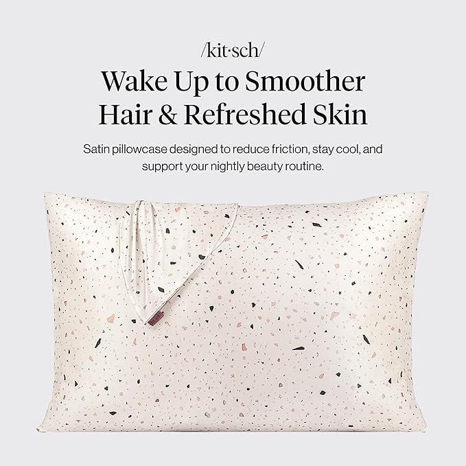 Kitsch Satin Pillowcase with Zipper for Hair & Skin - Softer Than Silk Pillow Cases, Smooth Cooling Satin Pillow Case, Wrinkle-Free, Machine Washable, Pillow Cases Standard Size 19x26,White Terrazzo