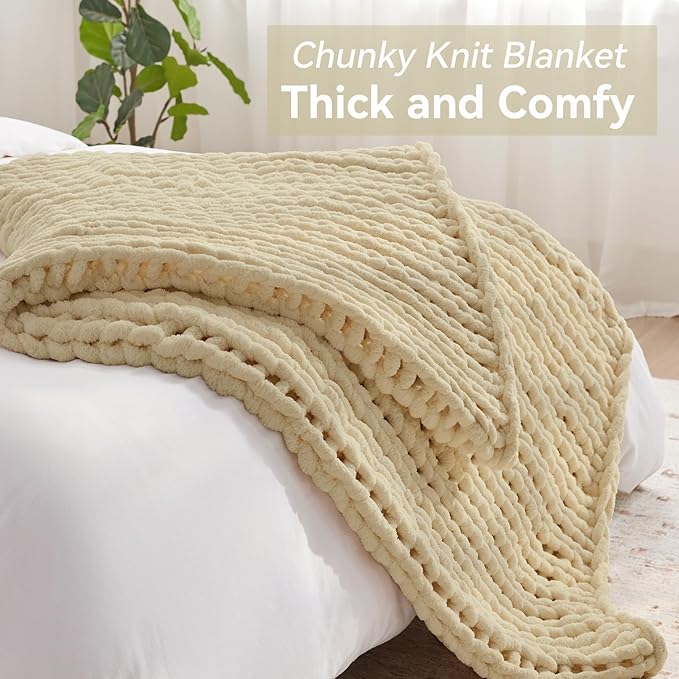 Negwoo Chunky Knit Throw Blanket, 40''*50'' Knitted Throw Chenille Yarn for Bed Couch, Handmade Oatmeal Crochet Big Thick Blanket, Machine Washable Cute Comfy Blanket for Home Decor