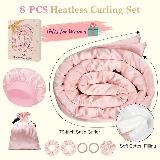 Satin Heatless Hair Curler Curls Overnight Hair Curlers to Sleep In, Hair Curlers No Heat Curls Overnight, Heatless Curling Set for Women Long Hair - 8 Pcs (Blush Pink)
