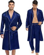 SWOMOG Men's Satin Robe 3 Pcs Silky Kimono Bathrobe Set Lightweight Soft Loungewear Nightwear