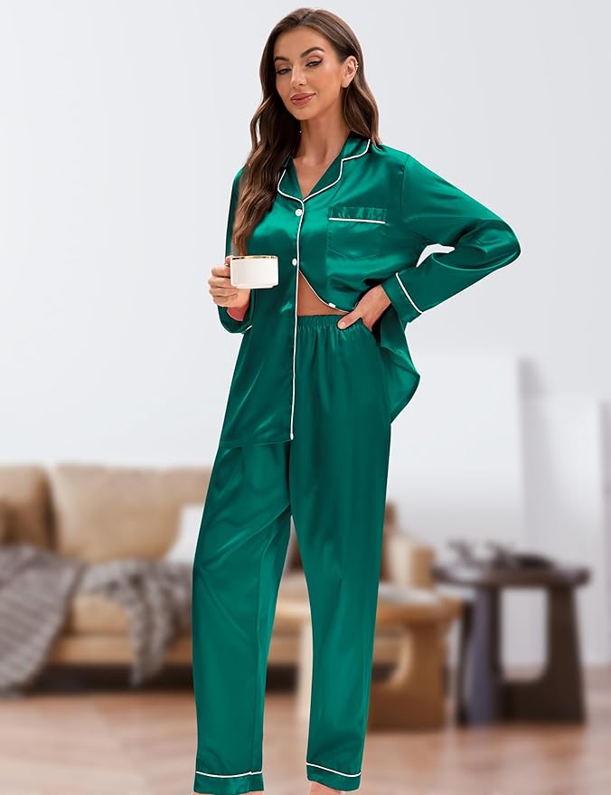 EPLAZA Silk Pajamas for Women Satin Pajamas Set 5 Pcs Long Sleeve Print Pattern Button Down Pjs Sleepwear Loungewear Set