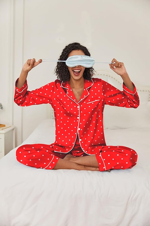 Ekouaer Women's Classic Button Down Long Satin Silk Pajama Set