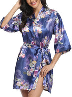 Women's Floral Satin Robes Bride Bridesmaid Getting Ready Robe Short Silky Kimono Sleepwear for Wedding Party