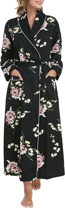 Lavenderi Women’s 100% Cotton Long Kimono Lounge Bathrobe Robe, Ladies Loungewear for Spa