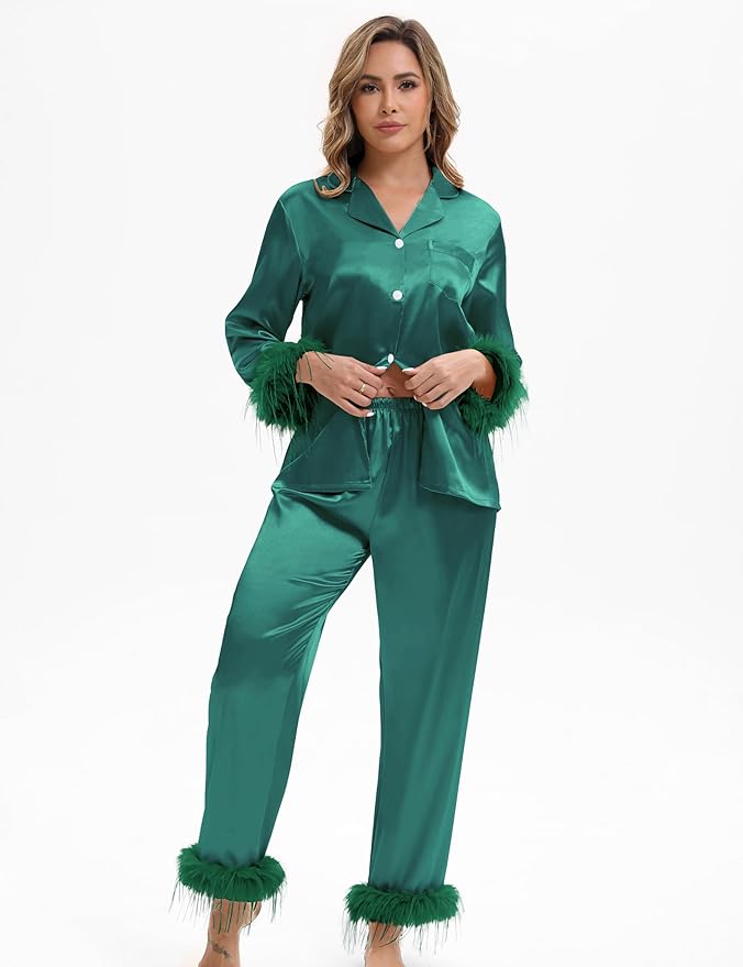 MORFORU Satin Pajama Set for Women Feather Trim Long Sleeve Pjs with Sleep Mask Headband Scrunchie Sleepwear Lounge Set