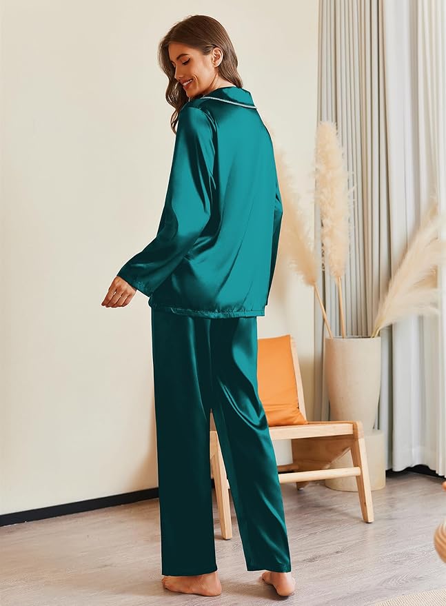 Ekouaer Pajamas For Women Set Silk Pjs 2 Piece Satin Sleepwear Long Sleeve Button Down Lounge Sets With Pant