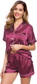 LecGee Womens Silk Satin Pajamas Short Sleeve Loungewear Two-Piece Sleepwear Button-Down Pj Set