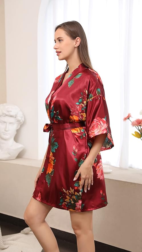 QXQTER Peony Floral Silky Satin Robe Wedding Bridal Party Bride Bridesmaid Robes for Women Dressing Gown Kimono Robe