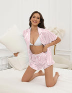 Silk Pajamas for Women Button Down 2 Piece Satin Pjs Shorts Set Ruffle Notch Collar Sleepwear Loungewear