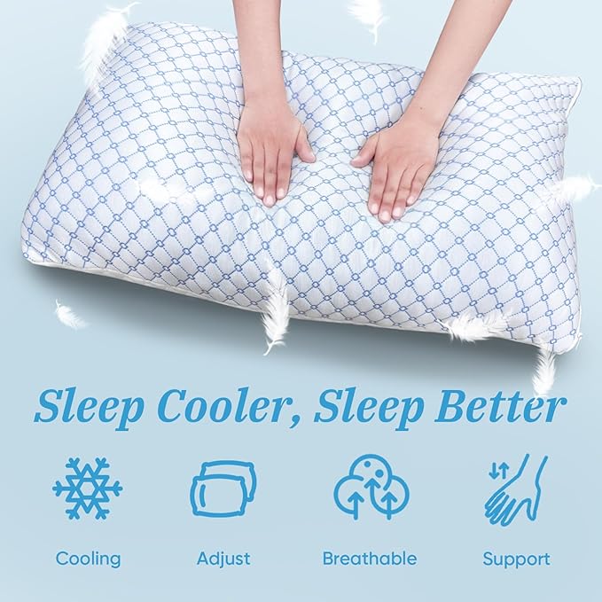 OAISZ Cooling Pillow Queen Size Set of 2, Shredded Memory Foam Bed Pillows for Sleeping, Adjustable Pillows with Cooling Cover, Soft Yet Supportive Memory Foam Pillows for Side Back Stomach Sleepers