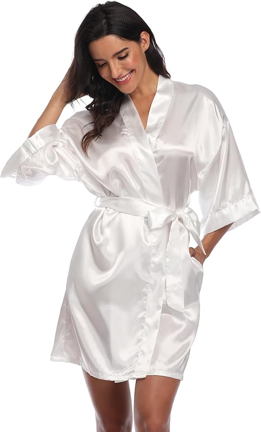 Women's Satin Kimono Robe Wedding Getting Ready Silky Bathrobe Short Bridesmaid Dressing Gown