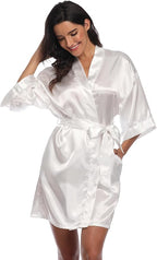 Women's Satin Kimono Robe Wedding Getting Ready Silky Bathrobe Short Bridesmaid Dressing Gown