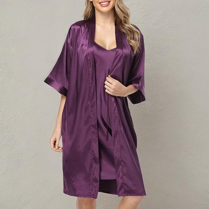 Women's Satin Robe Sets 2 Piece Nightgown Silk Pajama Sexy Floral Lingerie Lace Cami Sleepwear Night Robes