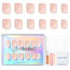 Modelones Nude Pink Press on Nails, Spring Short Square Fake Nails, Semi-Transparent Reusable Nail Kit with Nail Glue Adhesive Tabs Mini Nail File, Nails Press Ons 32Pcs16 Sizes, Women Girl Gift