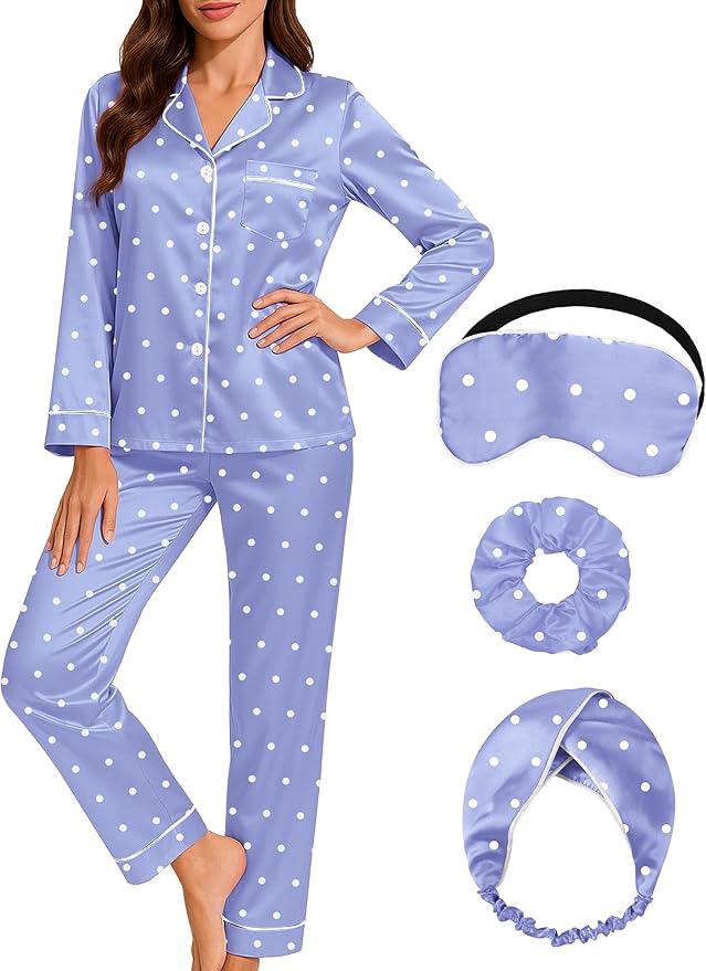 DOLOS Silk Satin Pajama Set for Women Short/Long Sleeve 2-Piece Silky Pajamas for Women Button Down Pjs Sleepwear Loungewear