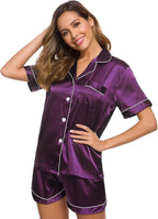 SWOMOG Womens Silk Satin Pajamas Set Short Sleeve Sleepwear Button Down Top and Shorts Loungewear 2 Piece Pjs Set XS-3XL