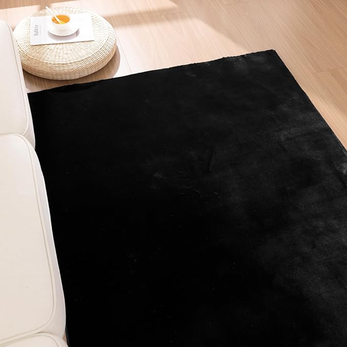 SHACOS Silky Soft Faux Rabbit Fur Area Rug 4'x6' Non Slip Washable Padded Medium Thick Rugs Fluffy Cozy Indoor Modern Carpet for Living Room Bedroom Dining Room Kids Room Dorm Home Decor, Black
