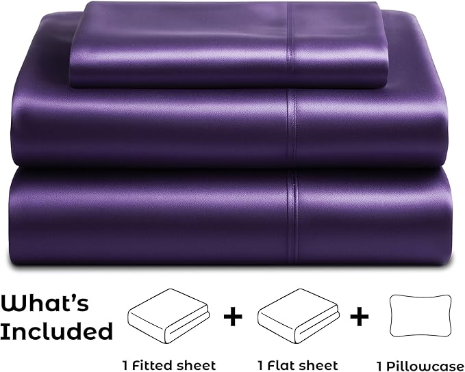 Pure Bedding Satin Sheets Twin [3-Piece, Purple] Hotel Luxury Silky Bed Sheets - Extra Soft 1800 Microfiber Sheet Set, Wrinkle, Fade, Deep Pocket Fitted Sheet, Flat Sheet, Pillow Cases