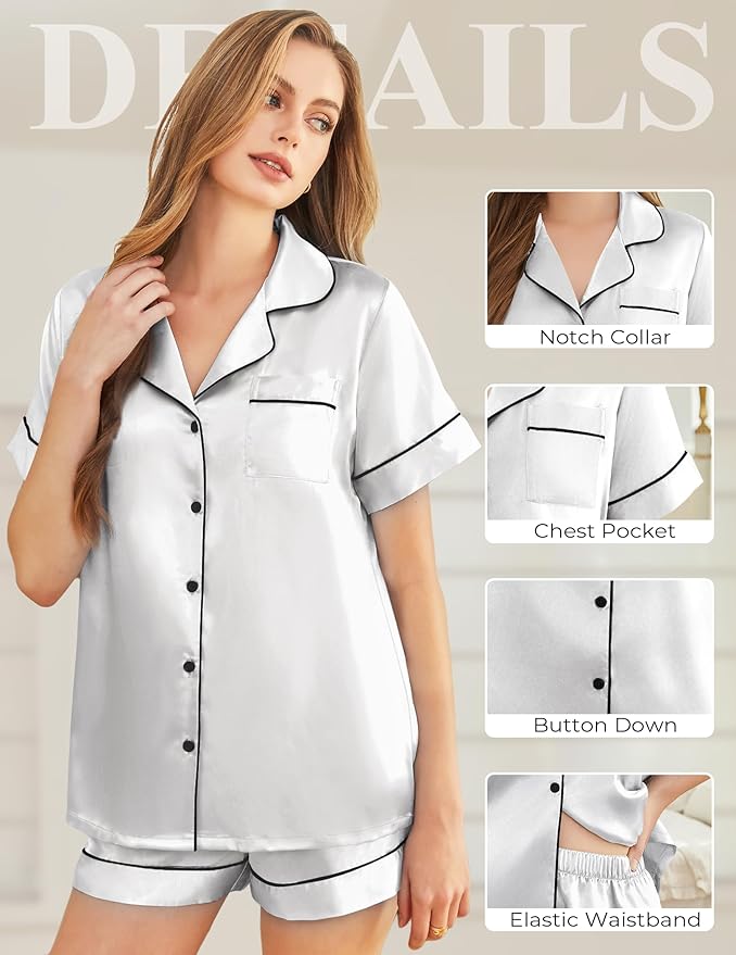 Silk Pajamas for Women Short Sleeve Sleepwear Soft Button Down Loungewear 2 Piece Satin Pjs Shorts Set S-XXL