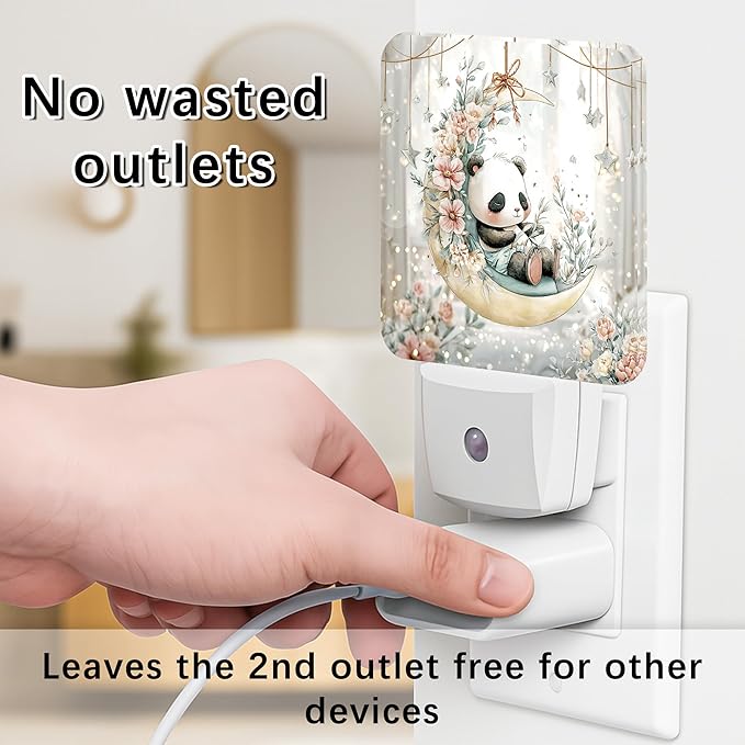 Panda Night Lights Plug Into Wall, Cute Fanciful Moon Flowers Spring Pastel Peach Smart Outlet Plug in Led Night Light Lamp for Guest Room Basement Office Decor 2pcs