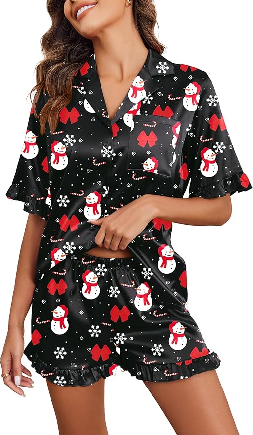 Ekouaer Satin Pajama Set for Women Button Down Silk 2 Piece Pj Sets Ruffle Short Sleeve Sleepwear