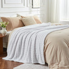 NEWCOSPLAY Super Soft King Blanket White Premium Silky Flannel Fleece 3D Waffle Checkered Lightweight Bed Blanket All Season Use (White, King(90"x110"))