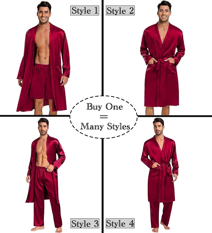 SWOMOG Mens 3 PCS Satin Robe with Pants & Shorts Set Kimono Bathrobe Long Sleeve Sleepwear Pjs Sets with Pockets