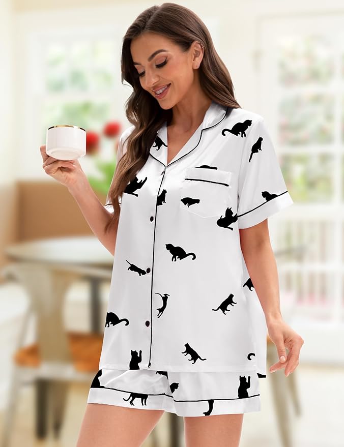 EPLAZA Silk Pajamas for Women Satin Pajamas Set 5 Pcs Long Sleeve Print Pattern Button Down Pjs Sleepwear Loungewear Set