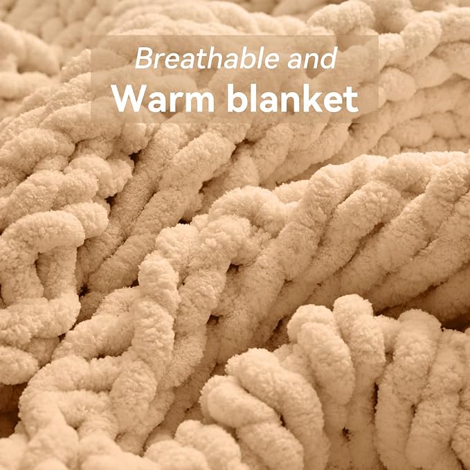 Negwoo Chunky Knit Throw Blanket, 50''*60'' Knitted Throw Chenille Yarn for Bed Couch, Handmade Beige Crochet Big Thick Blanket, Machine Washable Cute Comfy Blanket for Home Decor