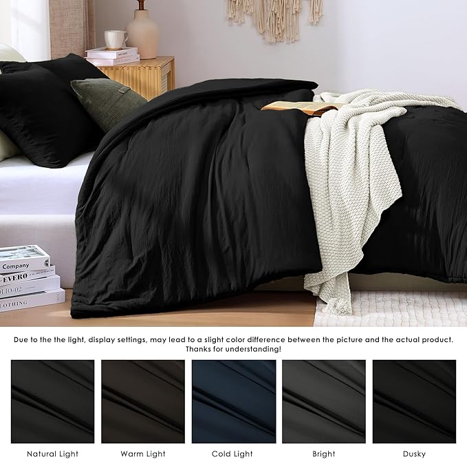 WRENSONGE Queen Comforter Set - 3 Pieces Prewashed Black Comforter Soft Lightweight for All Seasons,Fluffy Down Alternative Comforter Queen Size with 2 Pillow Shams