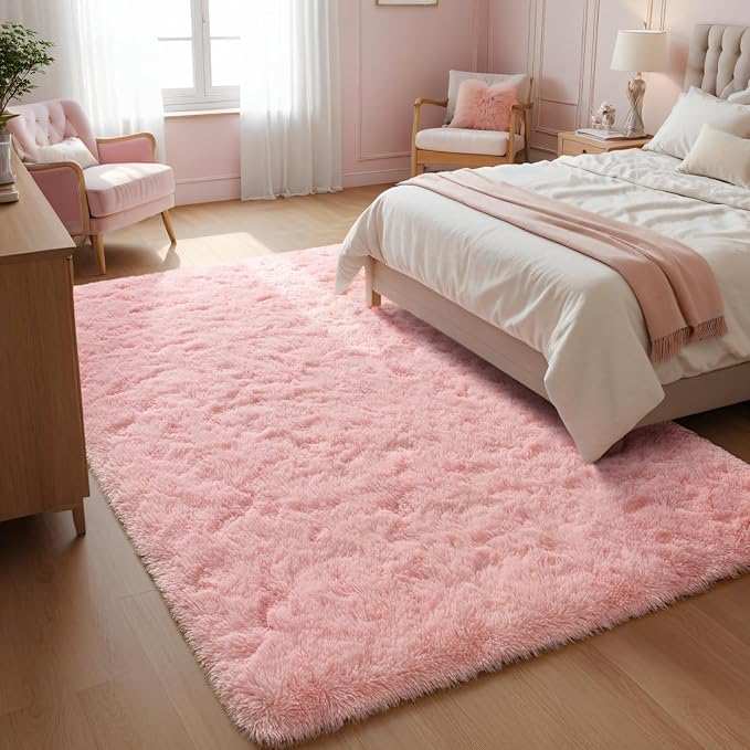 Macgace Light Pink Rugs for Bedroom Girls, 8x10 Shag Rug Fluffy Area Rugs with Non-Slip Backing for Living Room, Large Plush Carpet Washable Rug Cute Home Decor Aesthetic for Nursery Dorm Office