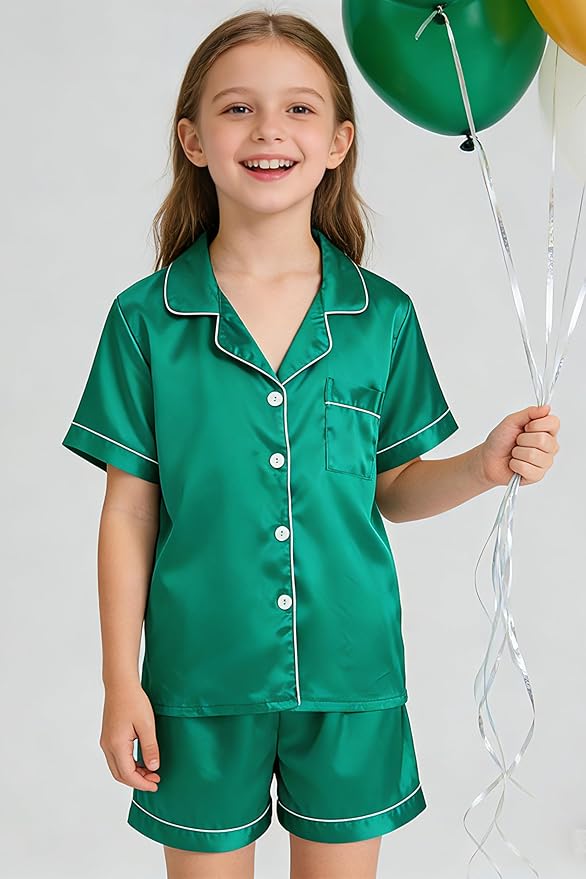 Hupohoi Unisex Girls Boys Kids Pajama Sets Button Down Satin Sleepwear Nighty 3PCS Silky Lounge Sets Nightwear