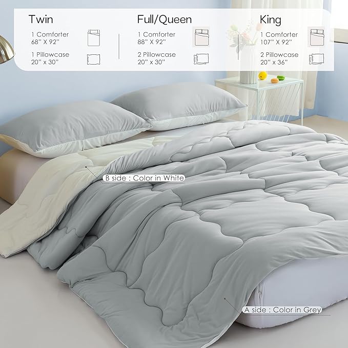 COTTEBED Reversible Comforter Sets KING Size Bed, Jersey Knit T-Shirt Feel Bedding Down Comforters Quilt & Pillowcase -Super Soft Cozy Lightweight All Season (Light Grey and White California Cal/King)