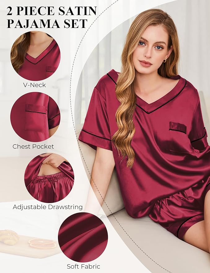 Silk Pajamas for Women Short Sleeve Satin 2 Piece Pj Set Soft V Neck Sleepwear Loungewear, S-XXL