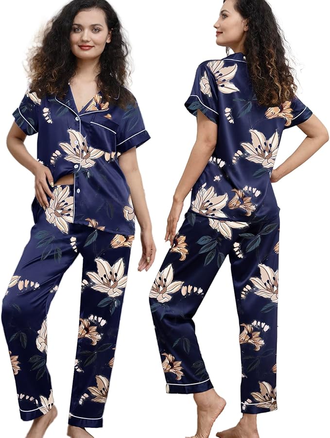 WJing Yi Jia Womens Pajamas Set XS-4XL Floral Silk Satin Pajama Sets Silky Pj Sets 2Pcs Loungewear Sleepwear Button Down Pjs