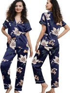 WJing Yi Jia Womens Pajamas Set XS-4XL Floral Silk Satin Pajama Sets Silky Pj Sets 2Pcs Loungewear Sleepwear Button Down Pjs