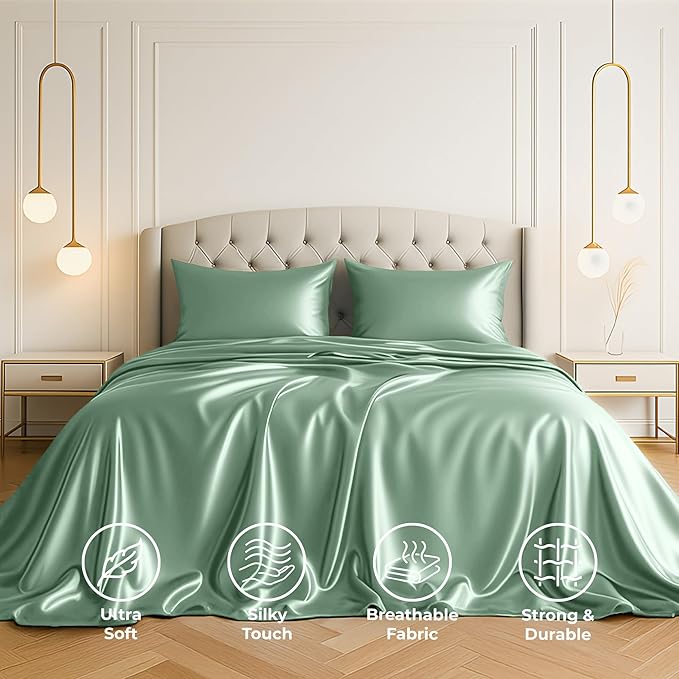 Satin Sheets California King [4-Piece, Champagne Green] Hotel Luxury Silky Bed Sheets - Extra Soft Microfiber Sheet Set, Wrinkle Resistant - Deep Pocket Fitted Sheet, Flat Sheet, Pillow Cases