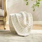 Amélie Home Chunky Knit Throw Blanket for Couch, Soft Chenille Handmade Crochet Throw Rope Knot Blanket for Couch, 50"x60", Ivory