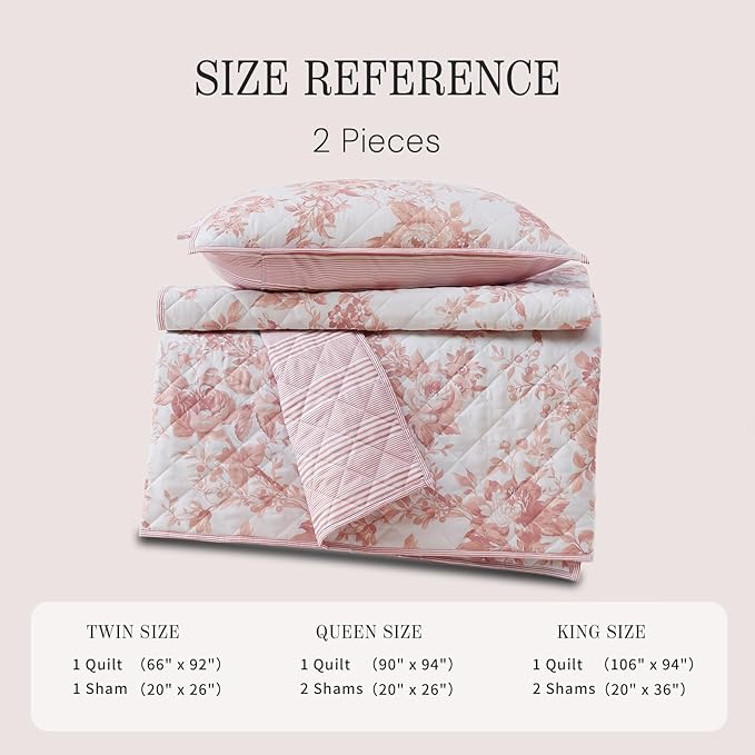 BLOOMHAVEN Quilt Set Twin Size, Dusty Rose Floral Quilt Sets, Reversible Bedspread Lightweight and Breathable for All Seasons, Soft Quilted Bedspread with 1 Pillow Sham