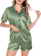 SWOMOG Satin Matching Pajamas Sets Couple Silk Button Down Nightwear Women & Men Short Sleeve Sleepwear 2 Pieces Loungewear