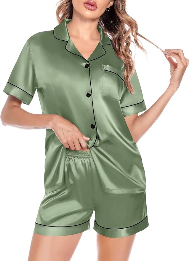 SWOMOG Satin Matching Pajamas Sets Couple Silk Button Down Nightwear Women & Men Short Sleeve Sleepwear 2 Pieces Loungewear