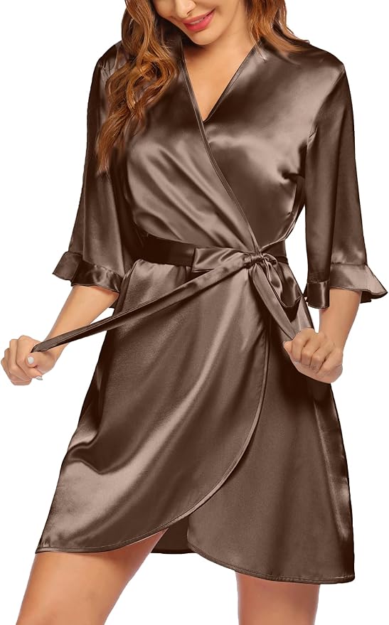 Ekouaer Women's Satin Robe Valentines Lingerie for Women Kimono Bathrobe Short Ruffle Belted Robes Bridesmaids Sleepwear