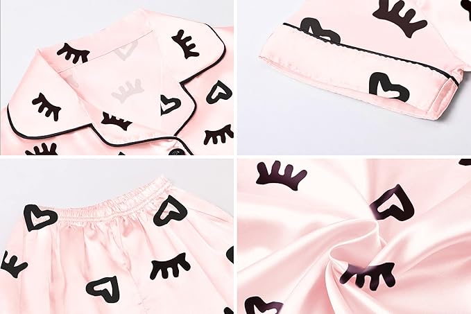 Umeyda Girls Womens Pajamas Set, Satin Silky Button Down Loungewear 2 Piece Short Sleeve Pants PJS Sets for Mommy Kids