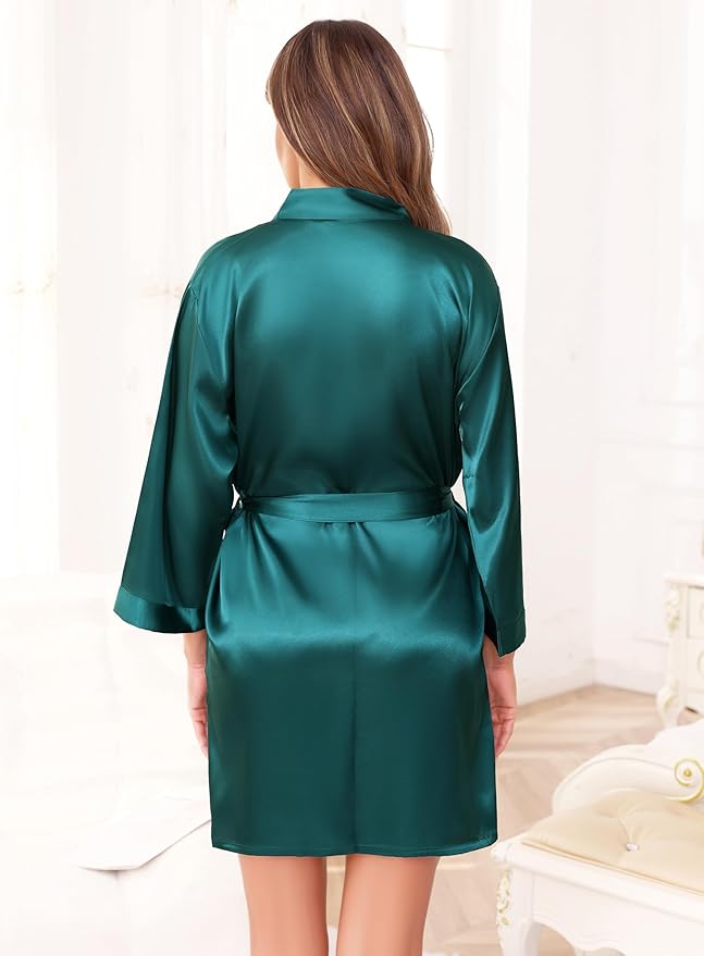 Women's Robes Satin Bathrobe Lightweight Short Silk Kimono V-Neck Bride Bridesmaids Loungewear