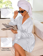 Ekouaer Women's Satin Robe Short Bridesmaid Bride Feather Bridal Robe Kimono Silky Long Sleeve Bathrobe S-XXL