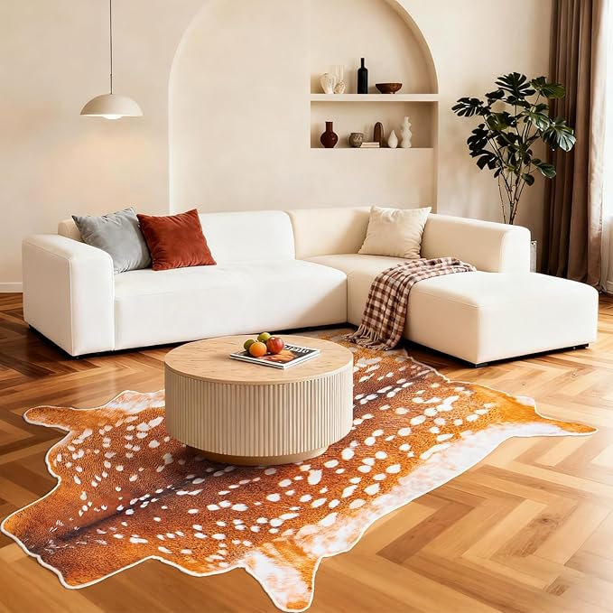 Deer Rug Faux Fur Deer Print Rug, 4.6x5.2 Feet Irregular Shaped Animal Hide Rugs, Soft Faux Cashmere Antelope Fawn Carpet for Living Room, Bedroom, Cabin, Lodge Western Home Decor