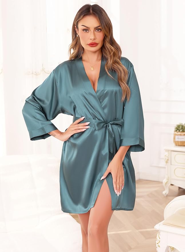 Women's Robes Satin Bathrobe Lightweight Short Silk Kimono V-Neck Bride Bridesmaids Loungewear