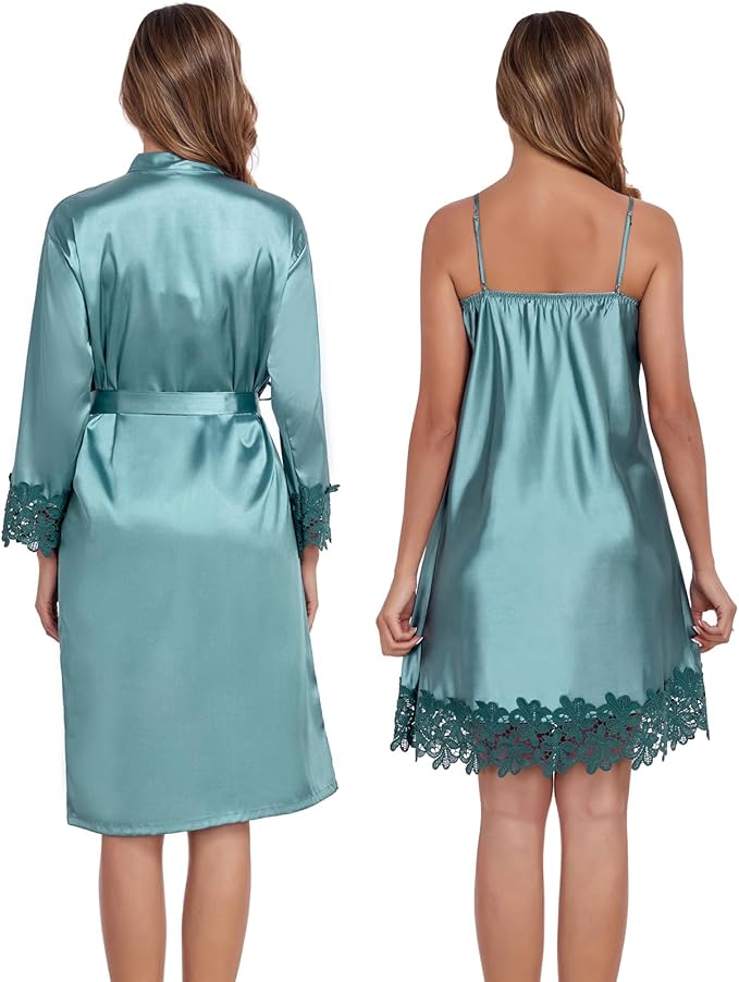 BestWendding Women's Silk Robe Set 2 Pieces Pajamas Sets Sexy Soft Satin Robe with V Neck Camisole Lingerie Nightgown