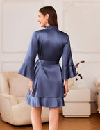 Ekouaer Women's Satin Robe Short Ruffle Hem Silky Robes Lightweight Kimono Brides Bathrobes Sleepwear XS-XXL